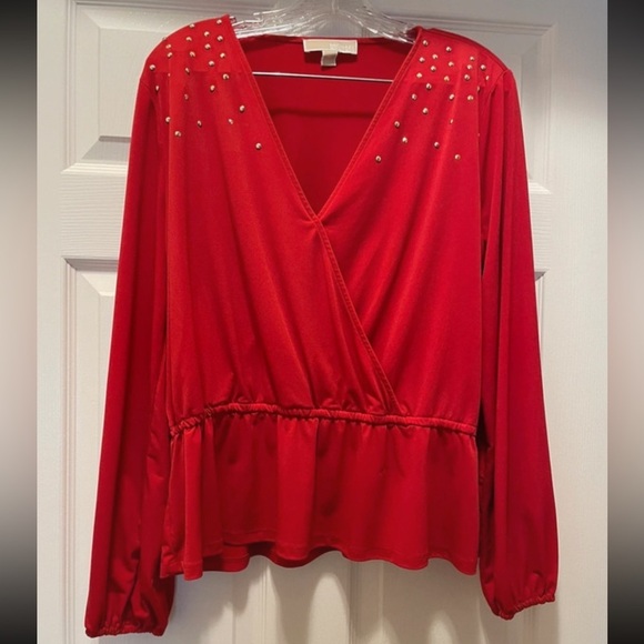 Michael Kors Tops - Michael Kors Red Studded Wrap Blouse Bedazzled Long Sleeve Top Christmas Size XL
